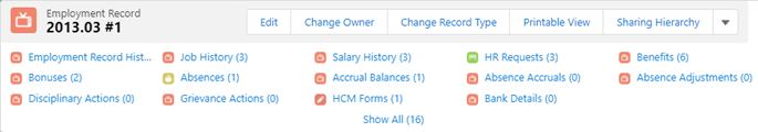 Screenshot: Related List links at the top of an Employment Record in Salesforce Lightning Experience