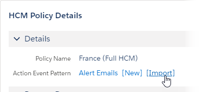 Screenshot: Import link for Action Event Patterns on a Policy details page