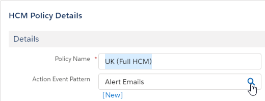 Screenshot: Action Event Pattern lookup on Policy details page