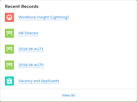 Screenshot: Recent Records tile on the HR Manager Portal home page in the Salesforce Lightning Experience