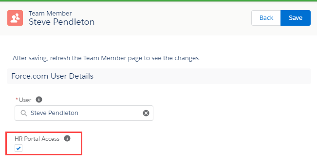 Screenshot: Team Member User detail page with the HR Portal Access checkbox highlighted