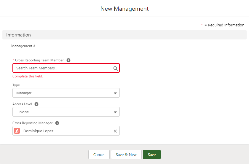 Screenshot: New Management dialog