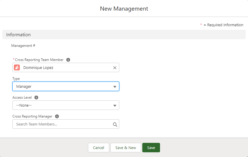 Screenshot: New Management dialog