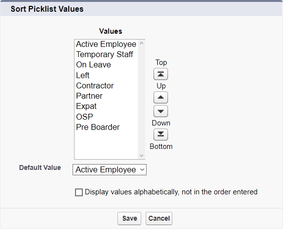 Screenshot: Sort Picklist Values screen