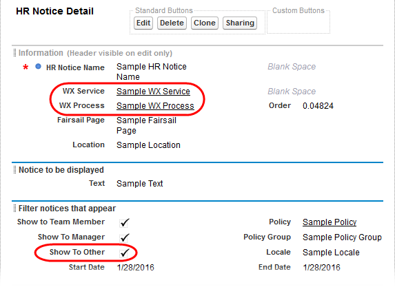 Annotated screenshot: Suggested page layout for HR Notices with WX fields