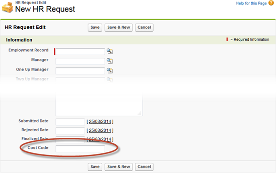 Screenshot: New HR Request in HR Manager portal, highlighting a newly added field at the end