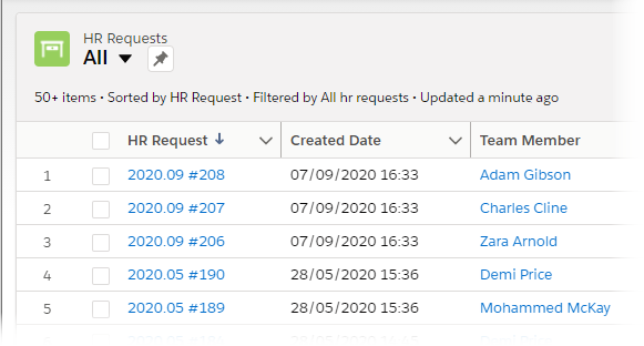 Screenshot: Top of an HR Request list view