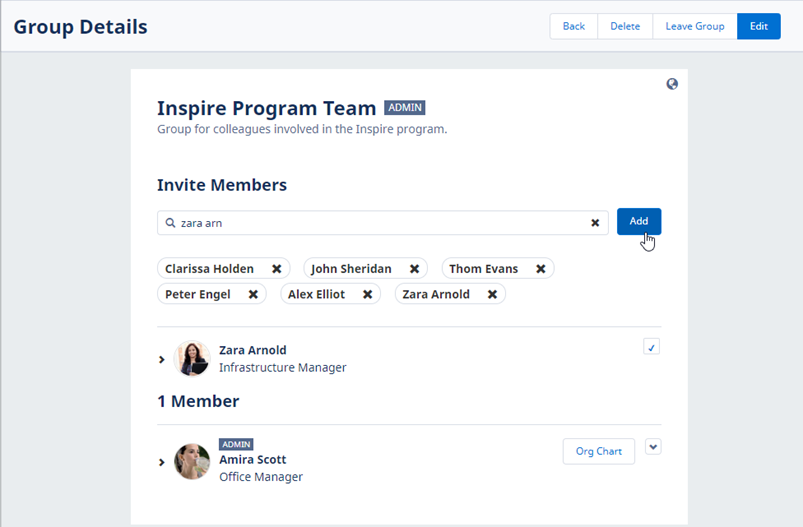 Screenshot of Group Details page in WX with several new members ready to add, pointing to the Add button