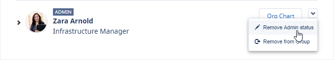 Screenshot of Group Administrator options showing Remove Admin status button