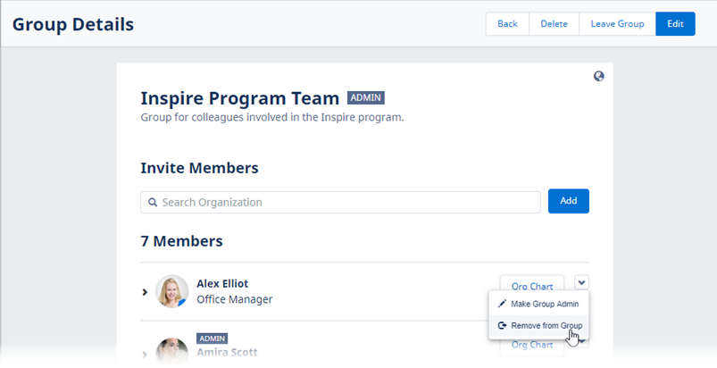 Screenshot of Group Details page in WX, displaying Remove from Group option for a member