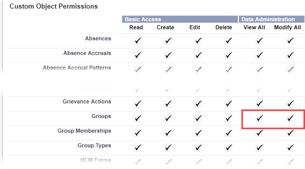 Screenshot of a section of Custom Object Permissions in the Fairsail Administrator Profile