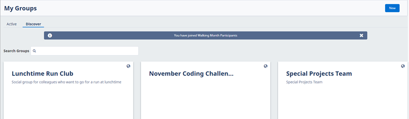 Screenshot of the success message shown after joining a Group on the Discover tab