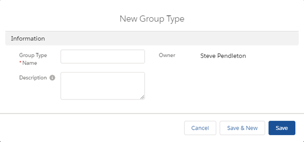 Screenshot of New Group Type page in HR Manager Portal in Salesforce Lightning Experience