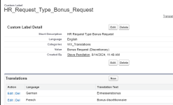 Screenshot: German and French translations added for a custom label to translate HR request type name