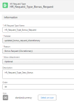 Screenshot: HR request type for discretionary bonus displaying custom label names in the HR request type name and Description fields