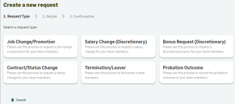 Screenshot: An example displaying 6 HR request types to a manager in WX