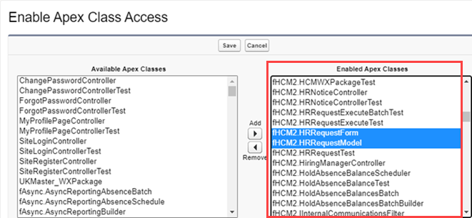 Screenshot: Enable Apex Class Access panels for a the Fairsail Platform Team Member Profile