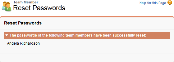 Confirmation message after a password has been reset for a Team Member