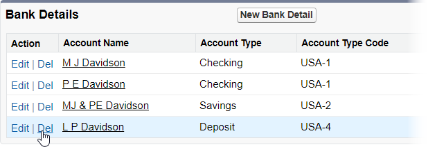 Screenshot: Selecting Del next to a Team Member's bank detail