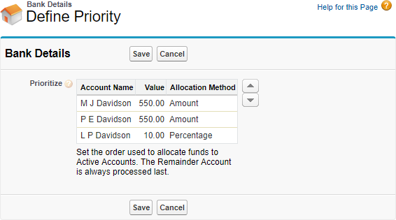 Screenshot: Edit Priority page for a bank detail