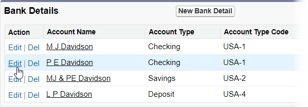 Screenshot: Selecting a Team Member's bank detail for editing