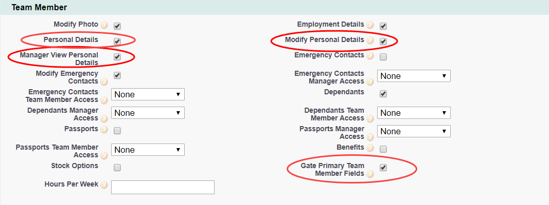 Screenshot: Policy options in the Team Member section, options related to Personal Details highlighted