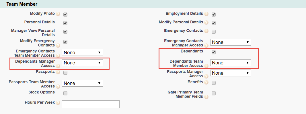 Screenshot: Policy options in the Team Member section, with the options related to the Dependants process highlighted