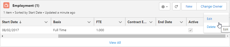 Screenshot: Selecting Edit for an Employment Record from the Employment related list
