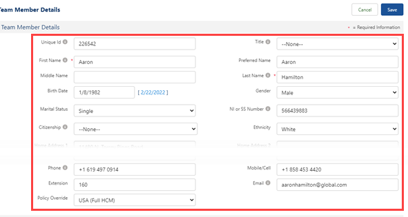 Screenshot: Fields in the Edit Details Field Set on the Team Member page when editing the Team Member Details section