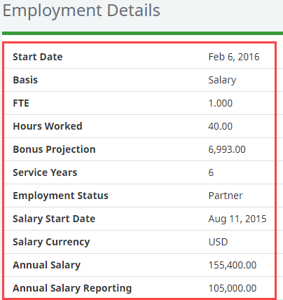 Screenshot: Fields in the WX Manager View Employment Full Details Field Set