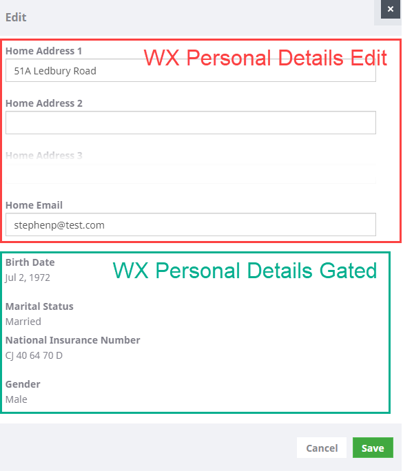 Screenshot: Fields from WX Personal Details Edit and WX Personal Details Gated Field Sets on a Personal Details edit page in WX