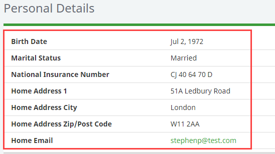 Screenshot: Fields from the WX Personal Details View Field Set in the Personal Details process in WX