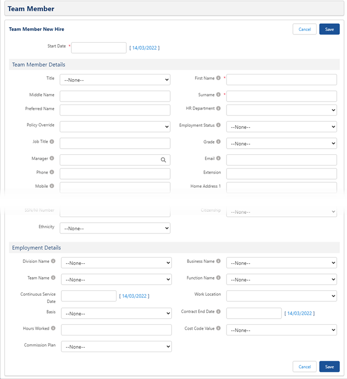 Screenshot: Team Member New Hire page