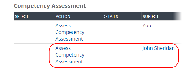 Screenshot: Action for completing a competency assessment