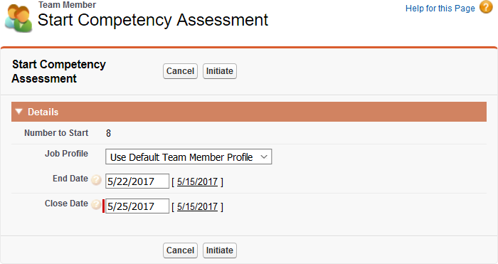 Screenshot: Start Competency Assessment details page