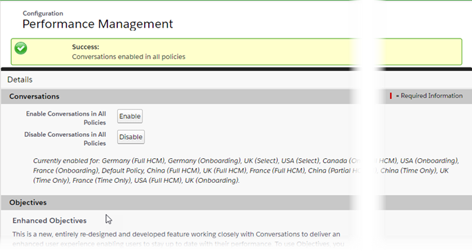 Screenshot: Success message on the Performance Management Configure page after enabling Conversations