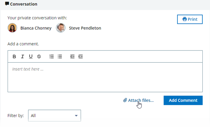Screenshot: Selecting Attach files to attach a file to a comment