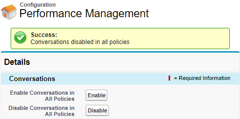 Screenshot of the Configuration page for the Performance Management package, showing Conversation disablement success message