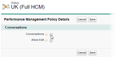 Screenshot of Performance Management Policy Details page with the cursor pointing to the Conversations checkbox