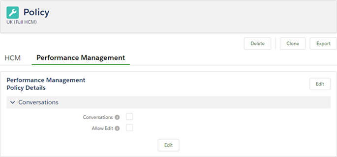 Screenshot of Performance Management tab on the Policy page