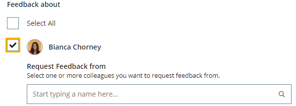 Screenshot: Request Feedback from field next to a selected Team Member in a bulk feedback request