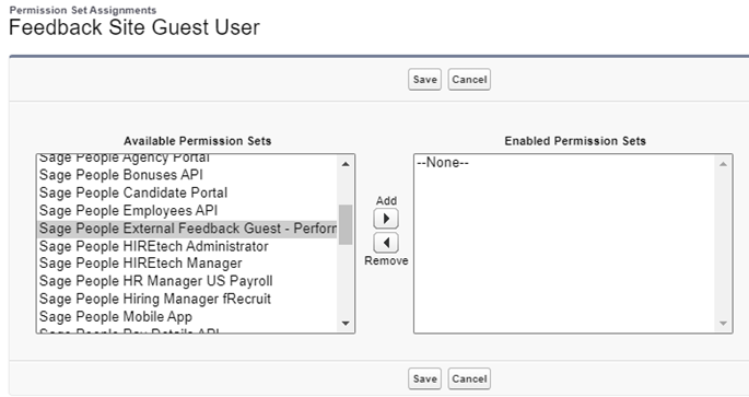 Screenshot: Site Guest User Permission Set for external Feedback site on the list of available Permission Sets