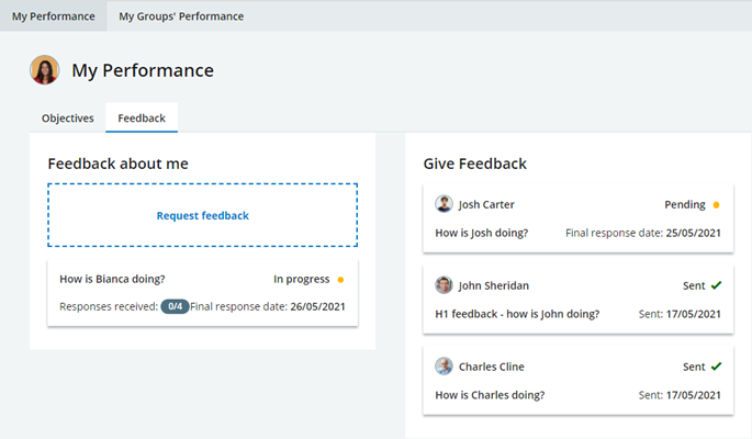 Screenshot: Feedback tab on My Performance page