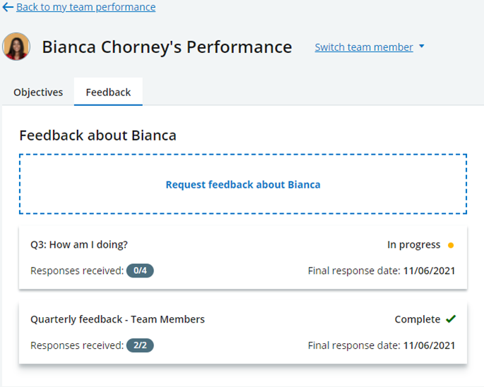 Screenshot: Selecting a feedback request from a Team Member's Feedback page