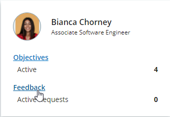 Screenshot: Cursor on the Feedback link on a Team Member card on My Team Performance page