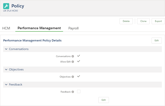 Screenshot: Performance Management tab for a Policy, Feedback not enabled