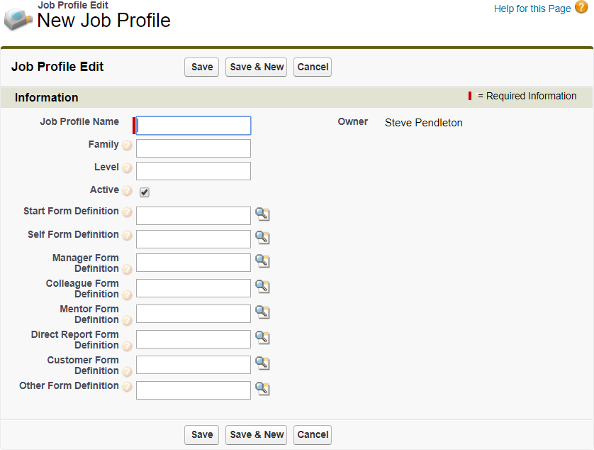 Screenshot: Blank New Job Profile page