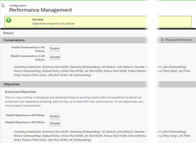 Screenshot: Success message on the Performance Management package Configure page after enabling Enhanced Objectives