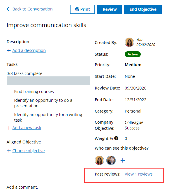 Screenshot: Past reviews section and link in the Objective details
