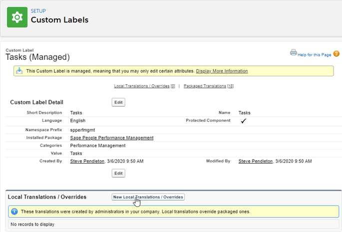 Screenshot: Custom Label detail page with the cursor on the New Local Translation / Override button